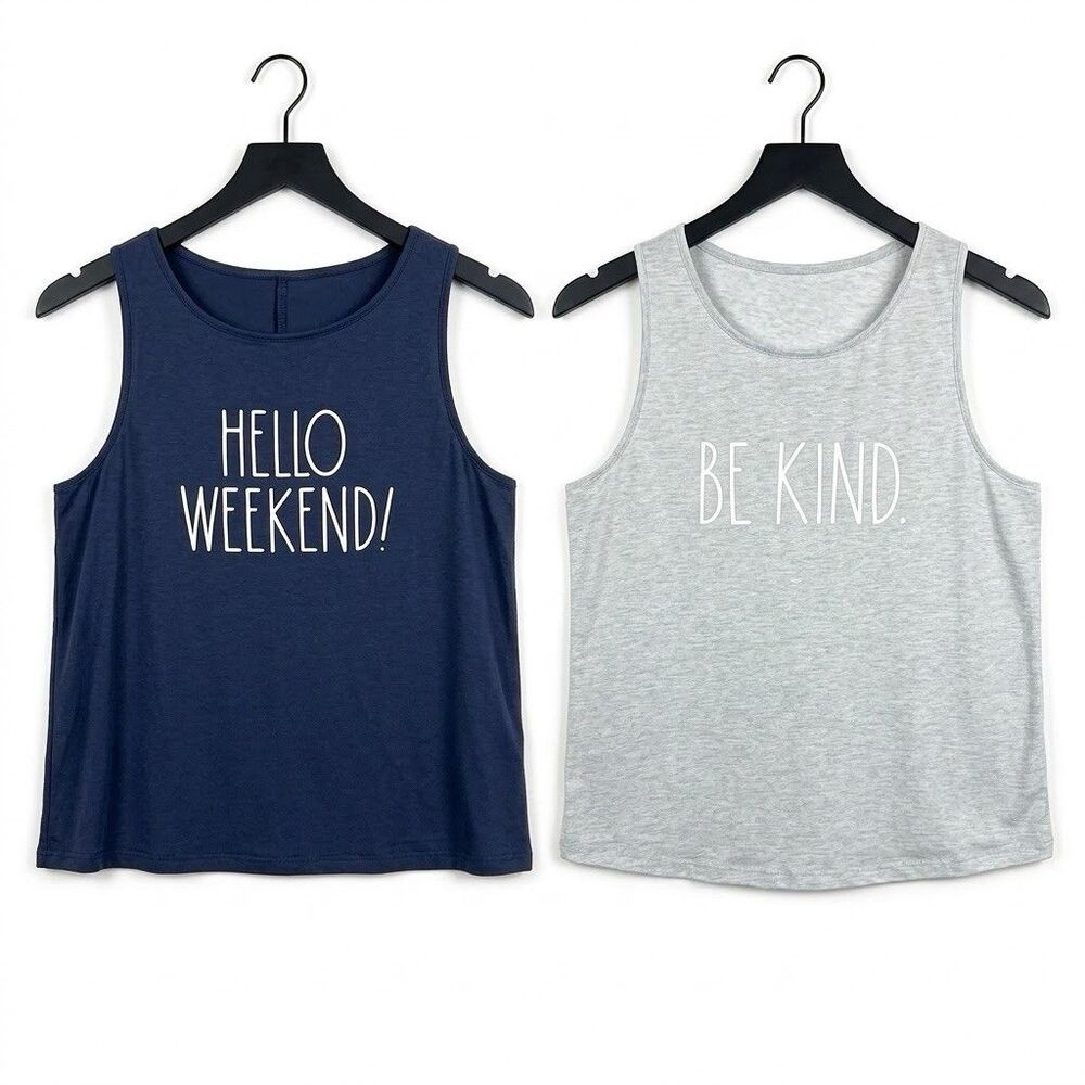Rae Dunn Womens Tank Top Lot Of 2 Medium Hello Weekend Be Kind Graphic Shirts